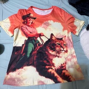 Vintage Style Graphic T-Shirt with Cowgirl and Cat